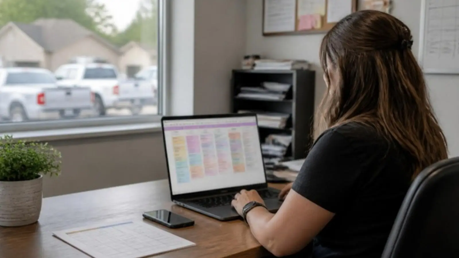 Office manager reviewing a lead pipeline board on a laptop