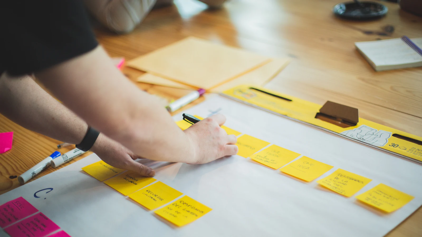 Hands arranging sticky notes on a planning board